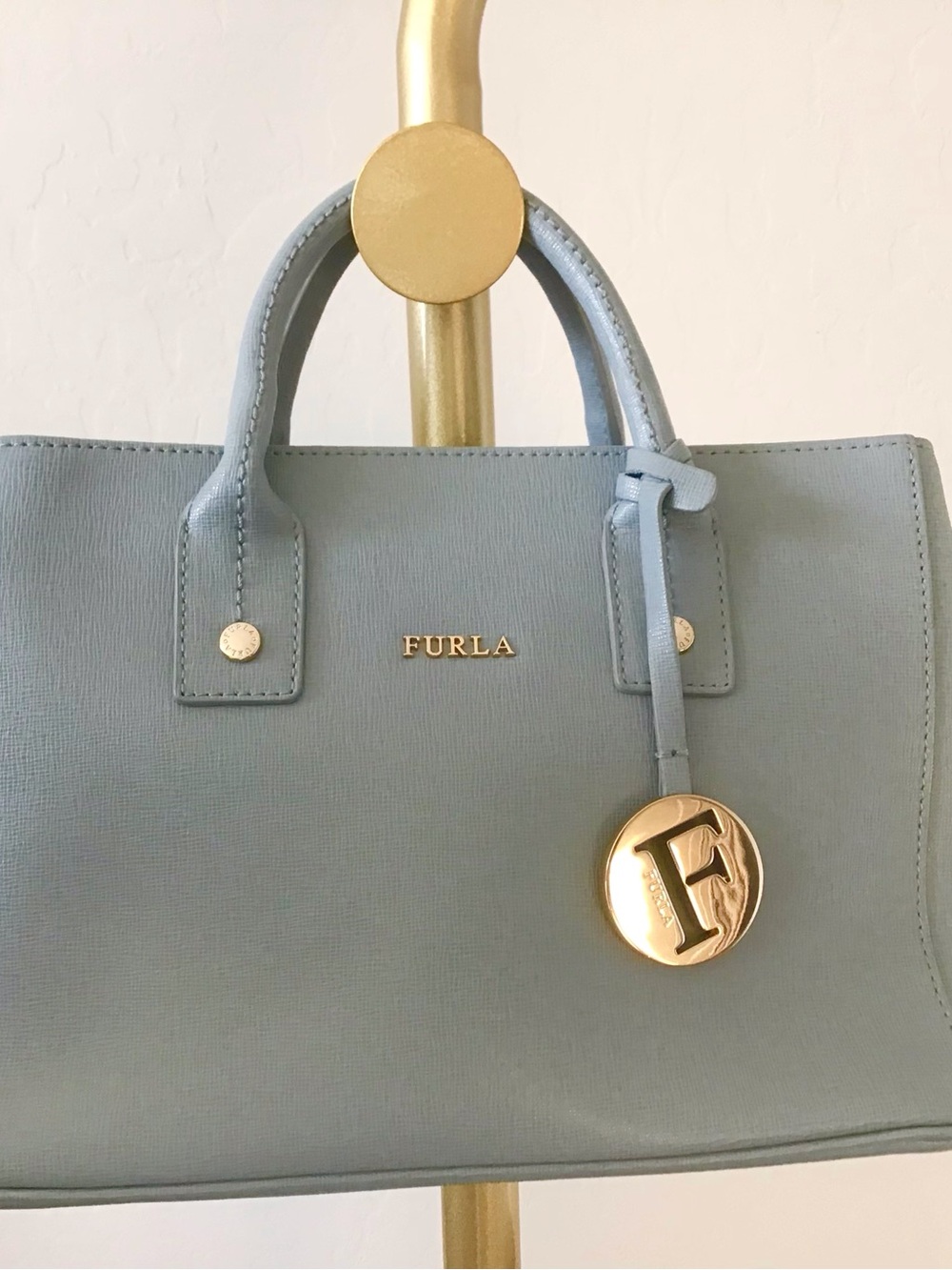 Furla Light Blue Leather Top-Handle Crossbody with Gold Charm
